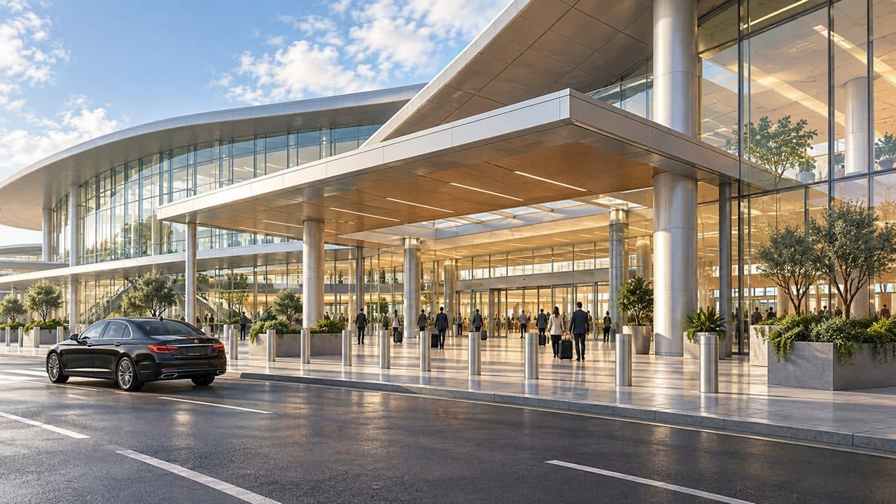Illustration of an airport terminal and passenger pickup area; not a photograph of Greater Binghamton/Edwin A Link field