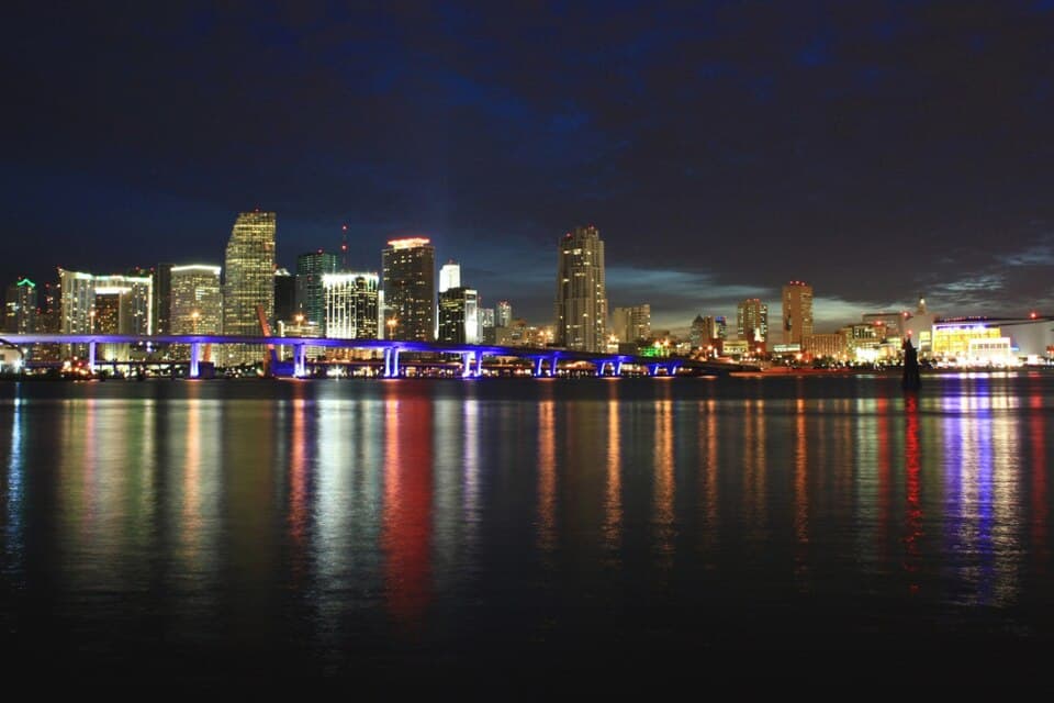 The illuminated Miami skyline beside the waterfront