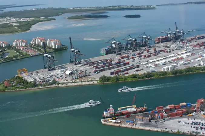 Aerial view of PortMiami and its waterfront terminals