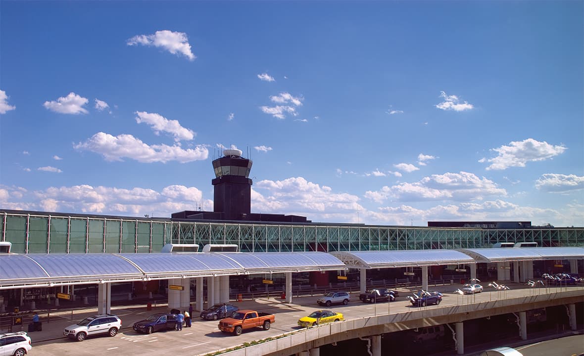 BWI Airport terminal, control tower and curbside passenger drop-off