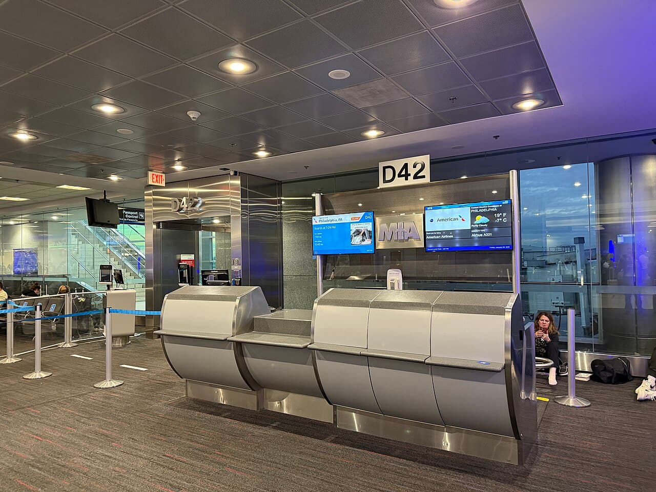 Gate D42 with MIA signage at Miami International Airport