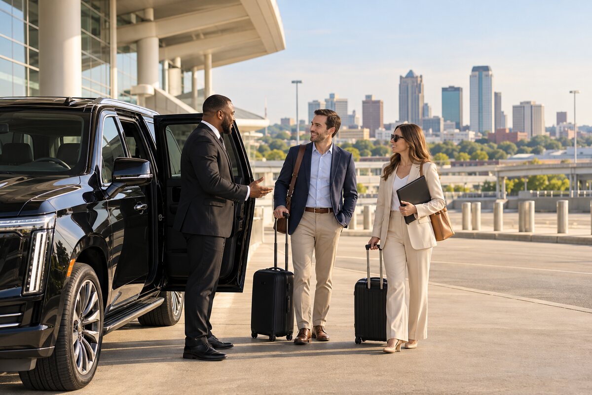 Generated editorial scene of two conference travelers speaking with a chauffeur beside an unbranded black SUV near a modern airport terminal.