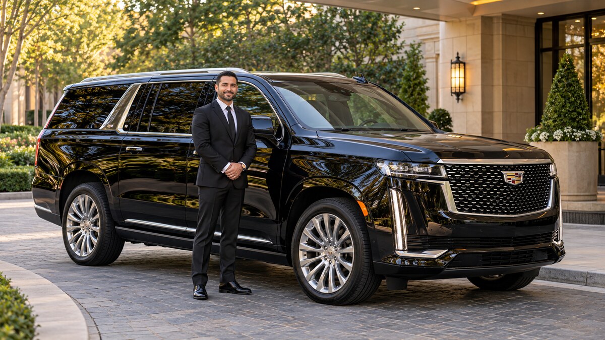 Professional chauffeur standing beside a black Cadillac Escalade ESV outside a hotel in Northern Virginia.