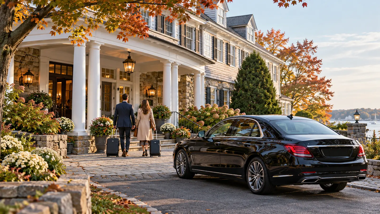 Illustrative Connecticut wedding-weekend arrival at a New England inn, with two guests, luggage and an unbranded black sedan in autumn.