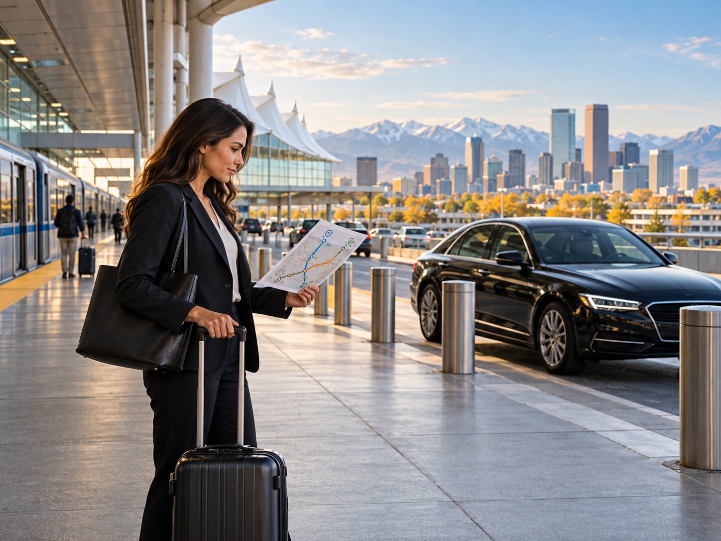 Generated editorial scene of a business traveler comparing a rail and chauffeured-car plan between Denver airport and downtown, with an unbranded black sedan.