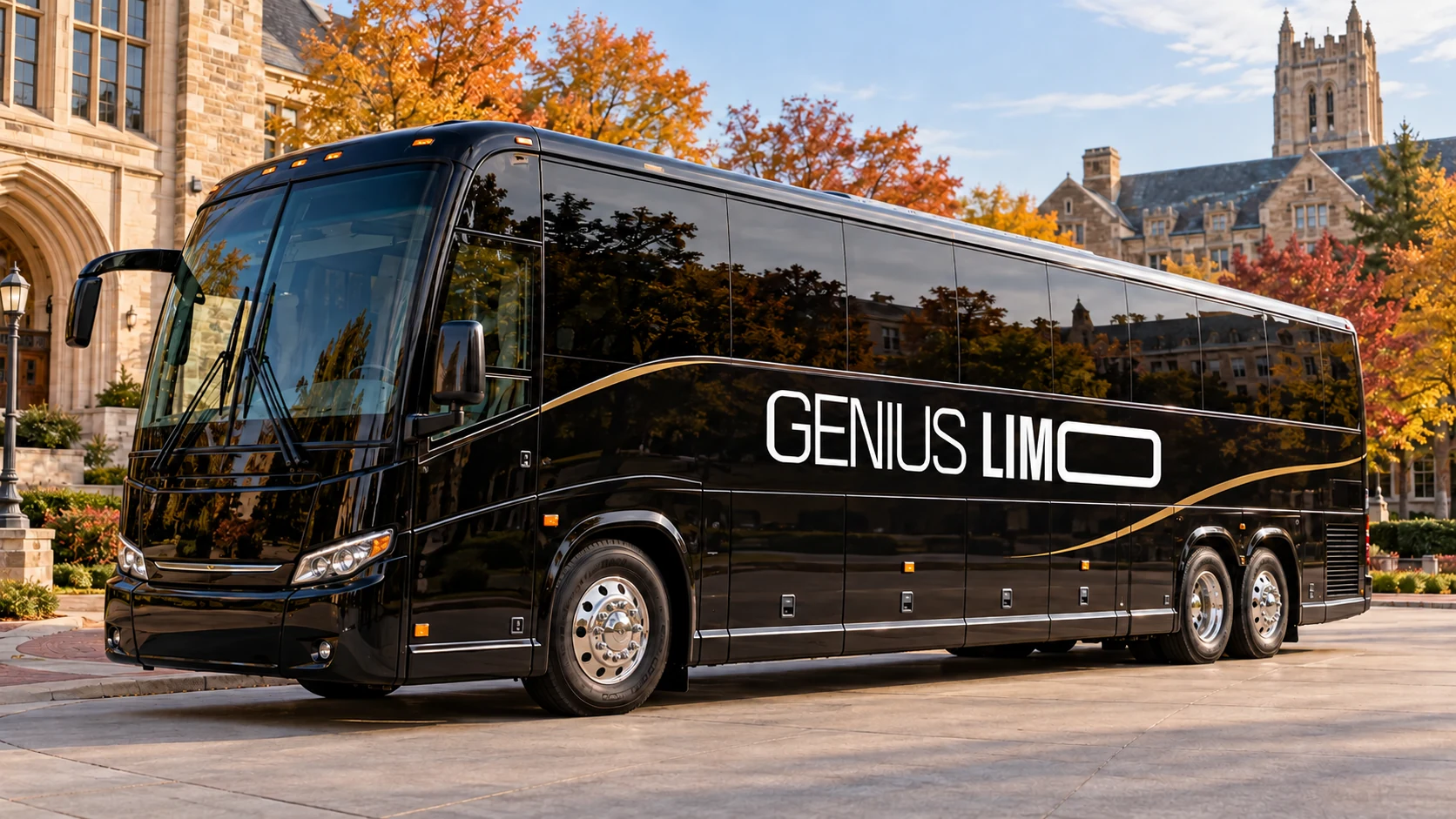 Illustration of a black charter motor coach with the white Genius Limo logo outside a college campus