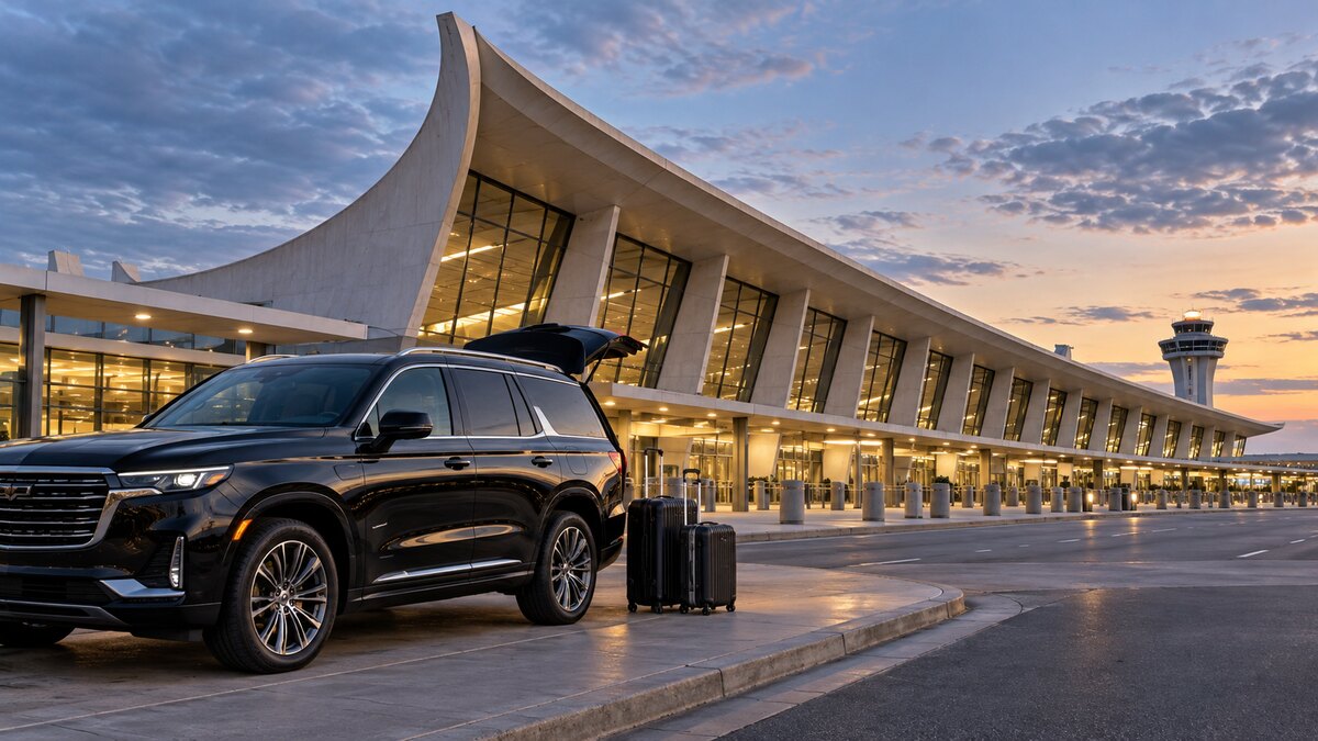 Editorial illustration of a black SUV and suitcases beside the sweeping terminal roof at Washington Dulles Airport at dusk.