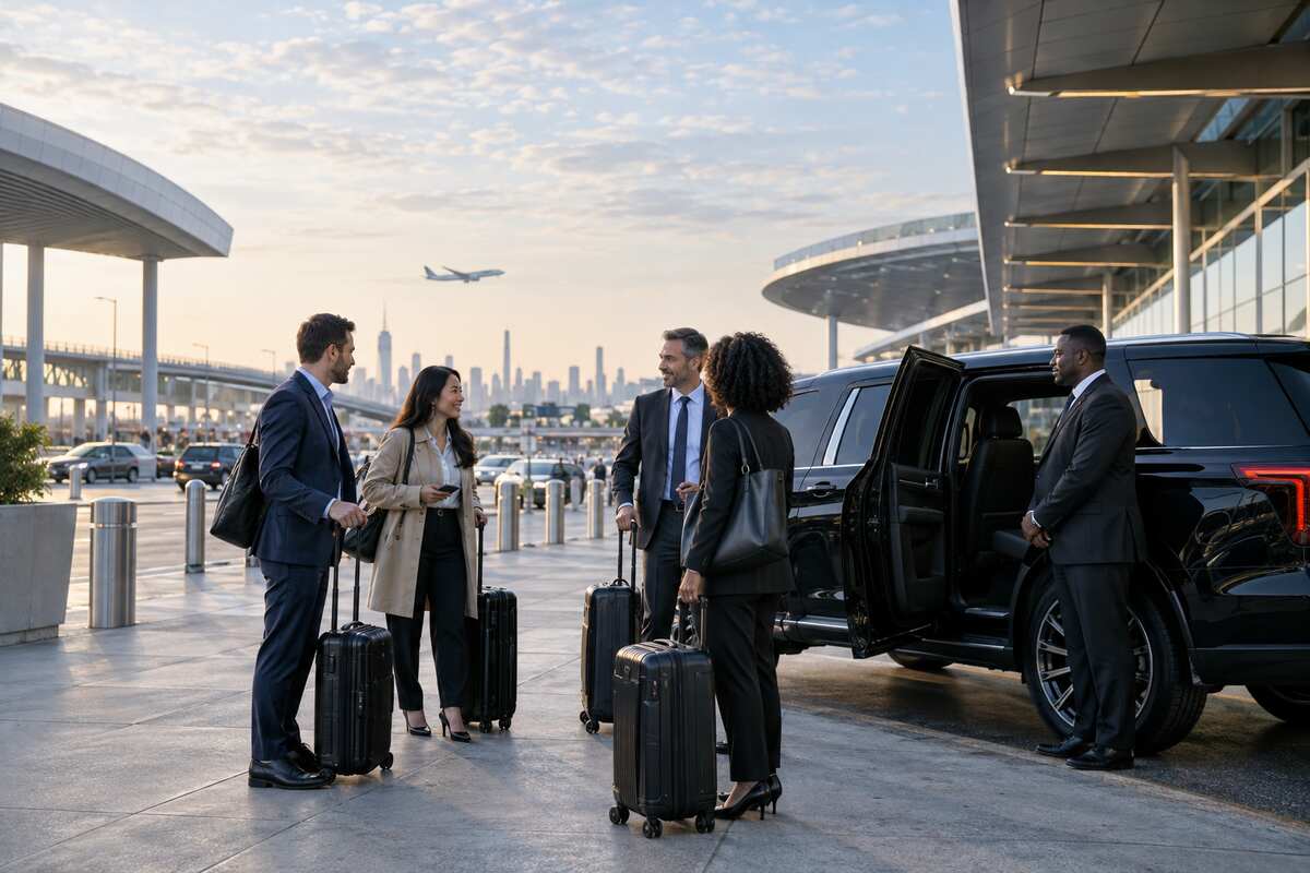Generated editorial scene of corporate travelers with luggage meeting a chauffeur beside an unbranded black SUV at a New York-area airport.