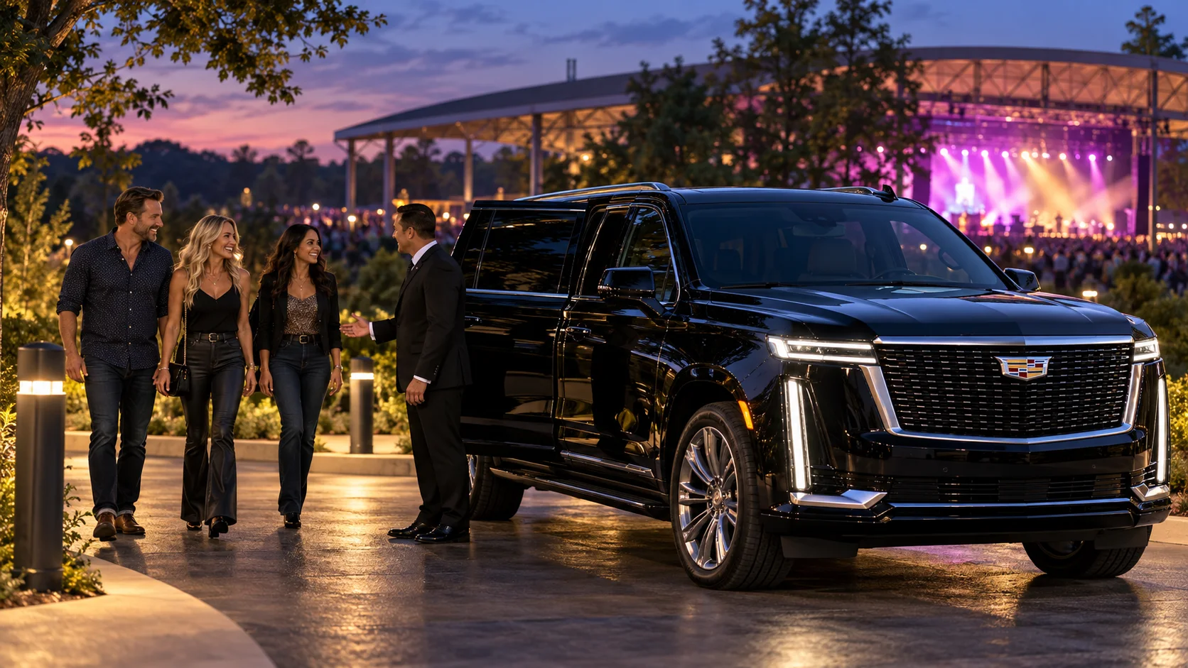 Illustration of concertgoers meeting a chauffeur beside a black 2026 Cadillac Escalade ESV near an outdoor amphitheater at dusk