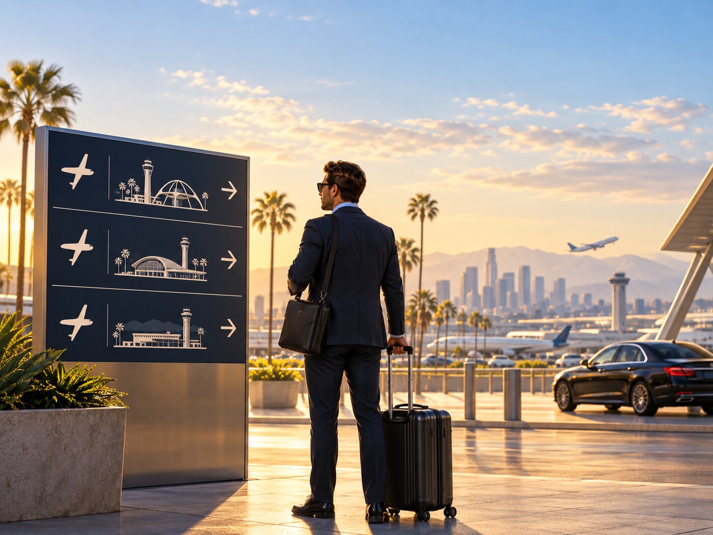 Generated editorial illustration of a business traveler comparing three Southern California airport routes, with a generic unbranded black sedan in the distance.
