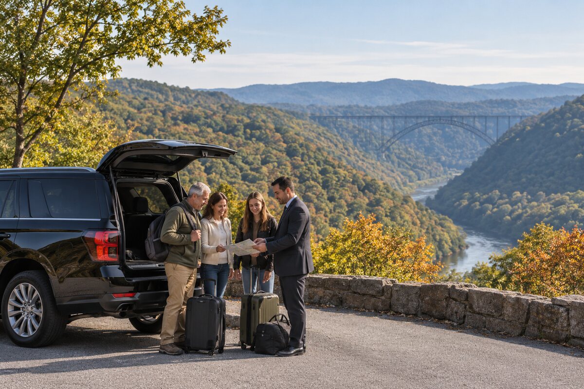 Generated editorial scene of four travelers reviewing an itinerary with a chauffeur beside an unbranded black SUV overlooking the New River Gorge.