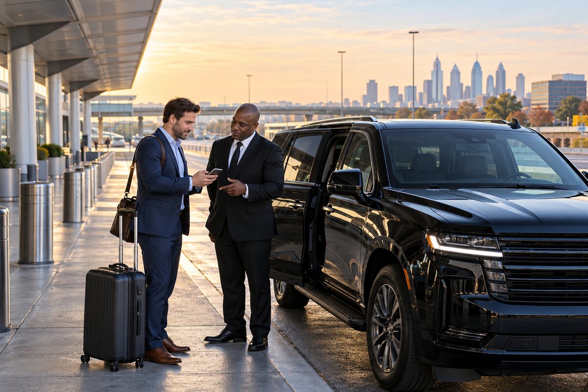 Generated editorial scene of a business traveler reviewing an itinerary with a chauffeur beside an unbranded black SUV at an airport transportation area.