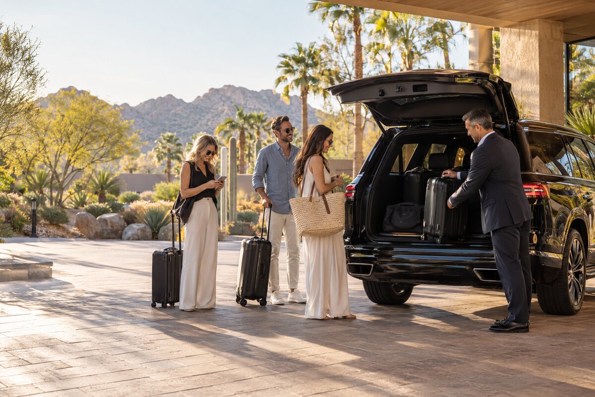Generated editorial scene of three resort travelers with luggage meeting a chauffeur beside an unbranded black SUV in a Scottsdale-style desert arrival court.