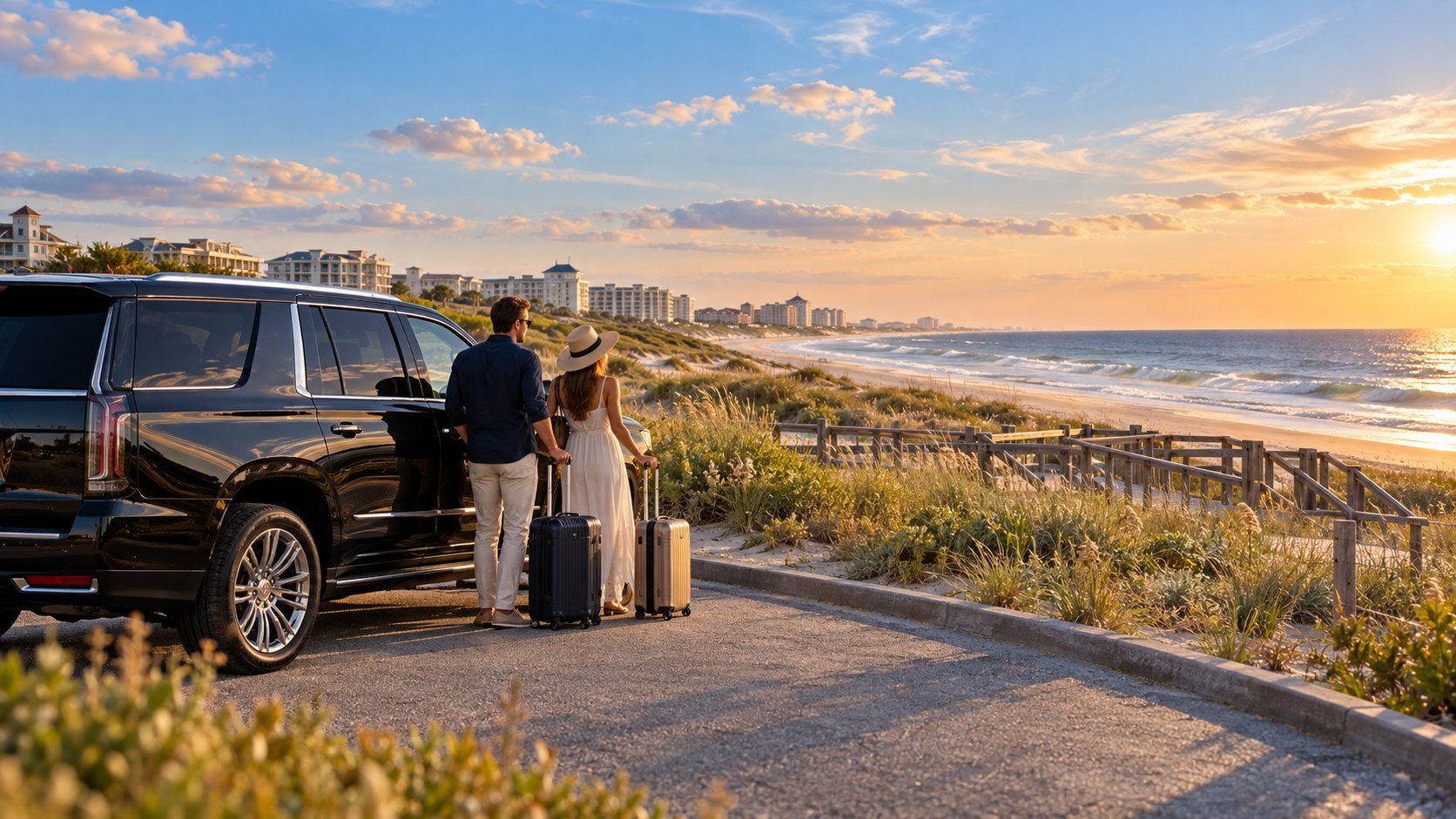 Illustration of travelers with luggage beside a black SUV near a beach boardwalk on the Atlantic coast.