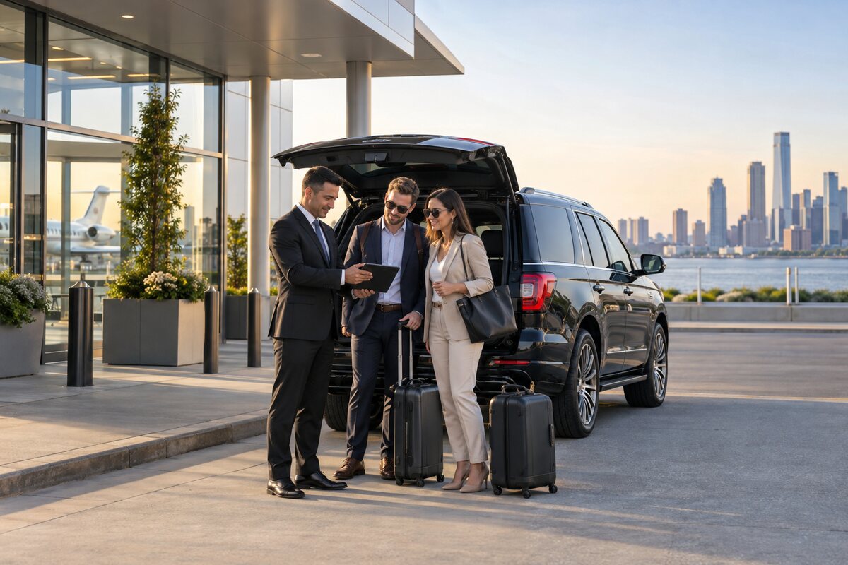Generated editorial scene of two business travelers reviewing a transfer itinerary with a chauffeur beside an unbranded black SUV near a private aviation terminal.