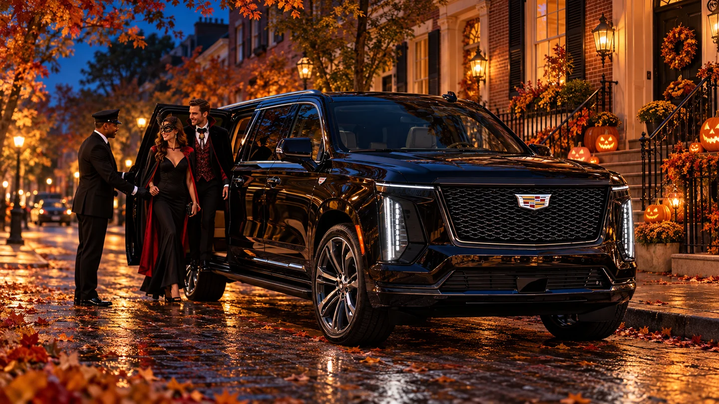 Illustration of a black 2026 Cadillac Escalade and chauffeur outside a townhouse decorated for Halloween