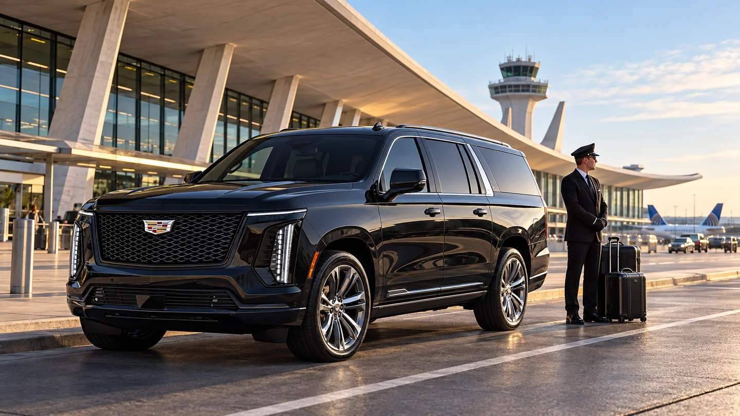 Illustration of a black 2026 Cadillac Escalade and chauffeur near a Dulles-inspired airport terminal