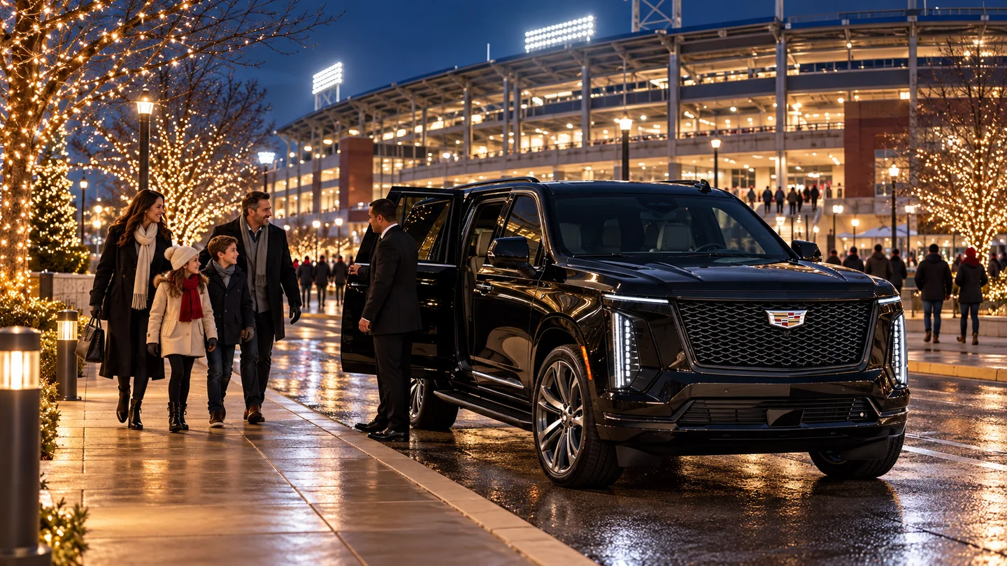Illustration of a black 2026 Cadillac Escalade near a baseball stadium with winter lights