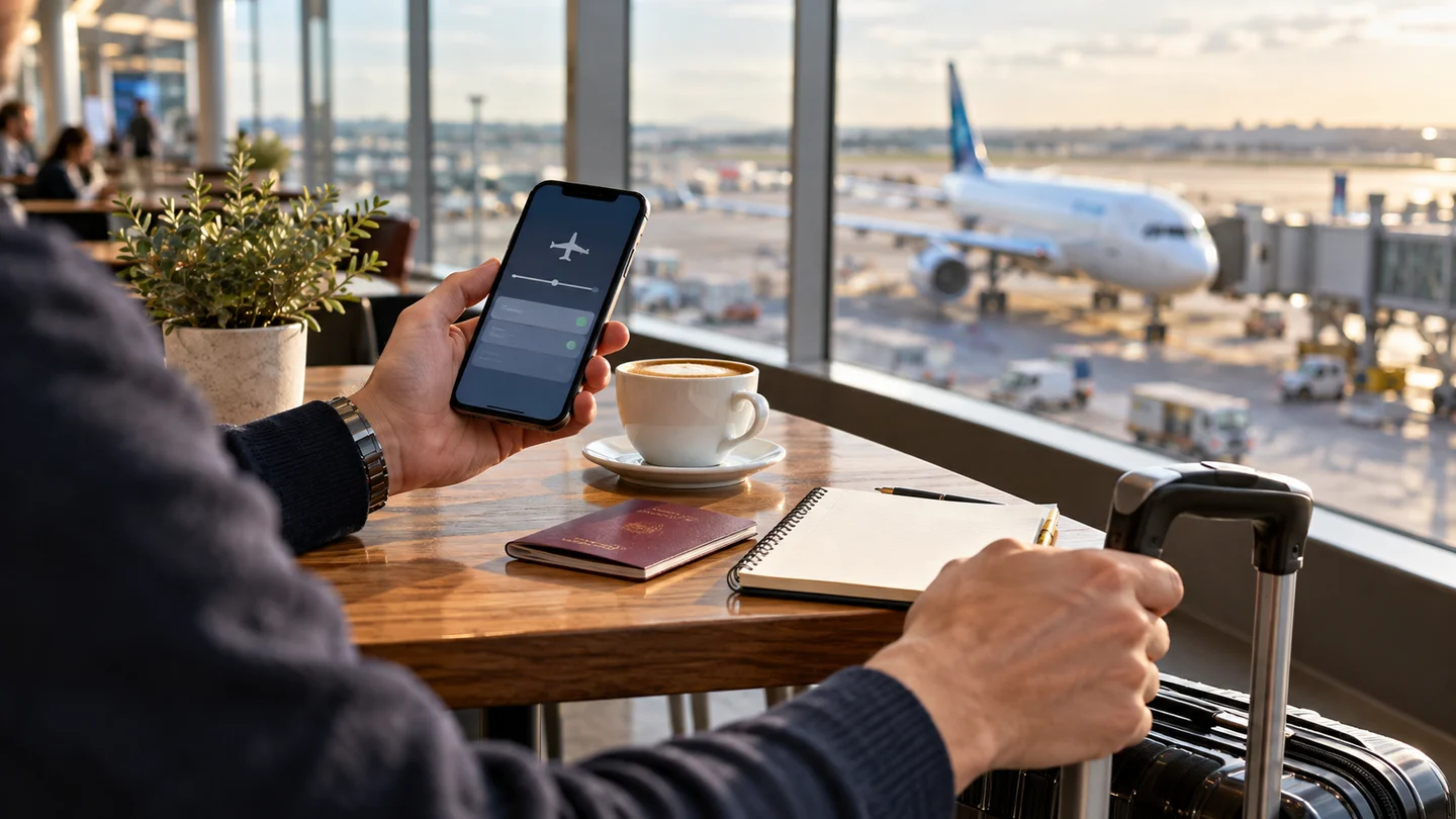 Illustration of a traveler checking flight information beside luggage in an airport cafe
