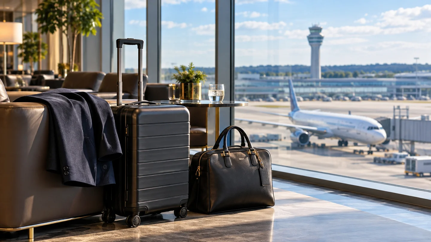 Illustration of luggage in an airport lounge overlooking an aircraft and control tower