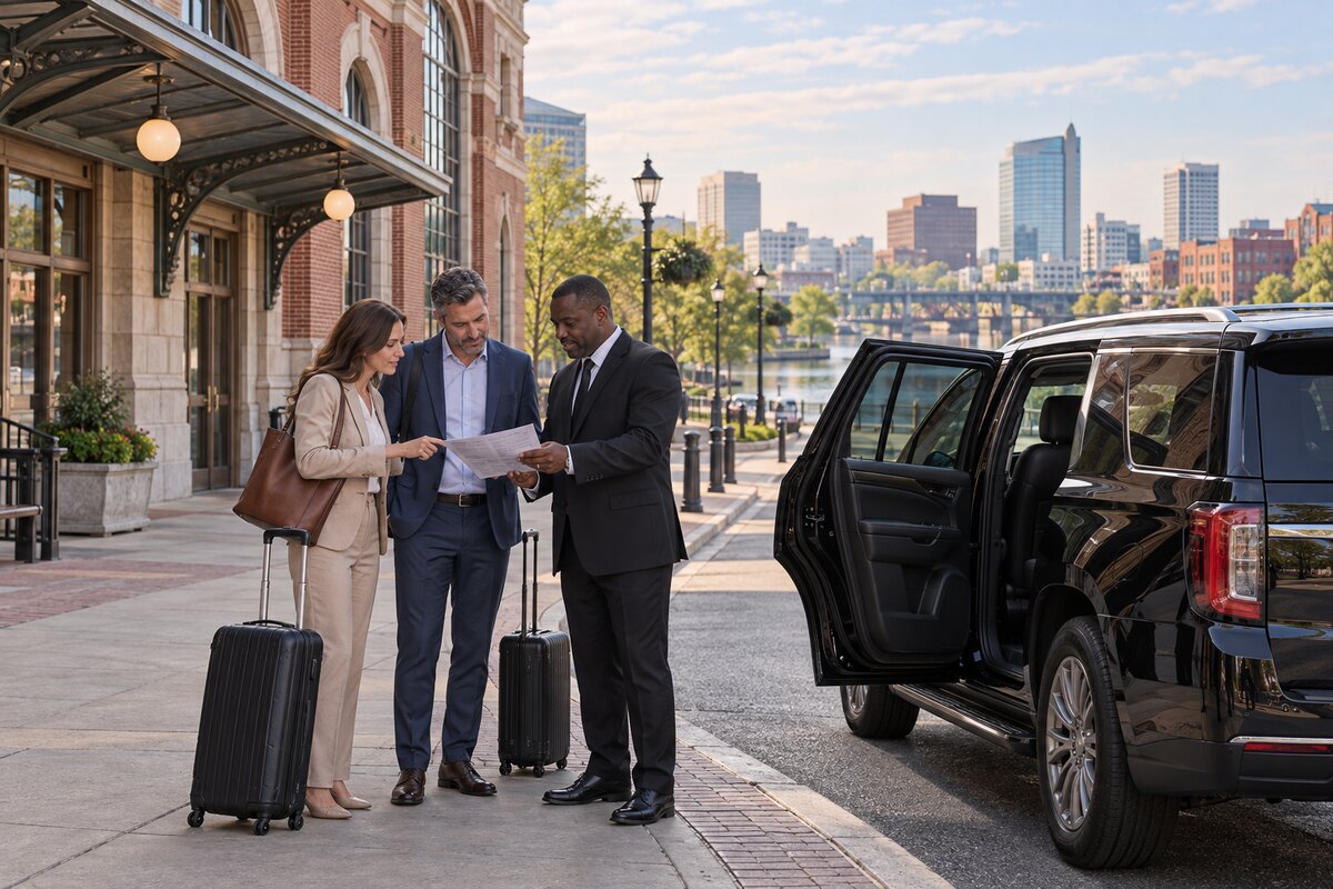 Generated editorial scene of two business travelers reviewing an itinerary with a chauffeur beside an unbranded black SUV outside a Wilmington-style rail station.