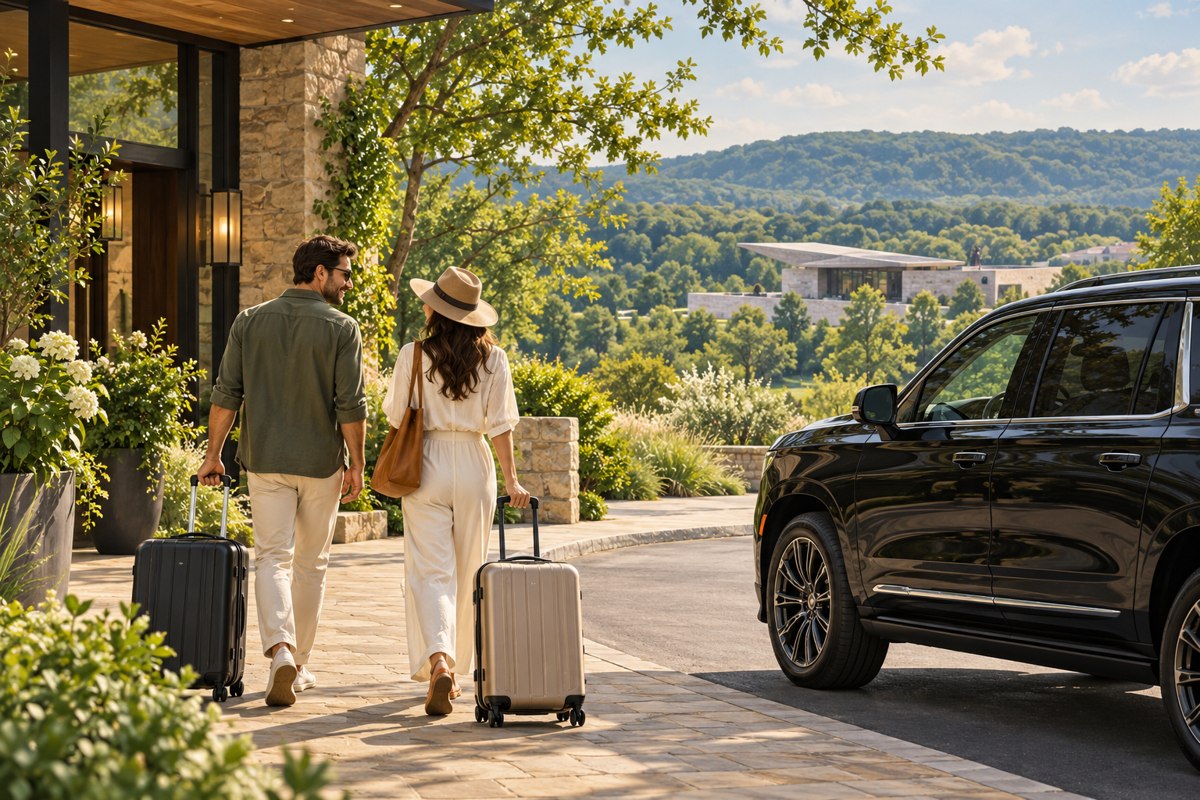 Generated editorial illustration of two travelers with suitcases outside a leafy hotel beside an unbranded black SUV.