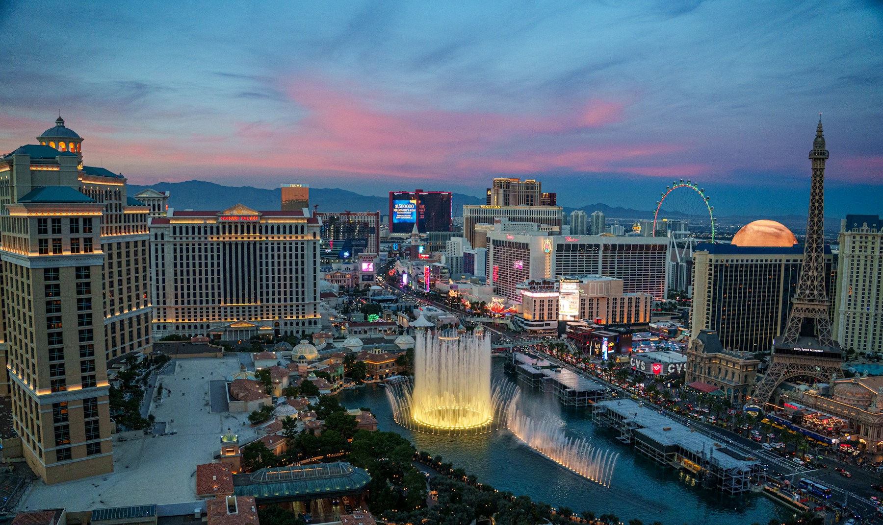 The Las Vegas Strip and Bellagio fountains at twilight