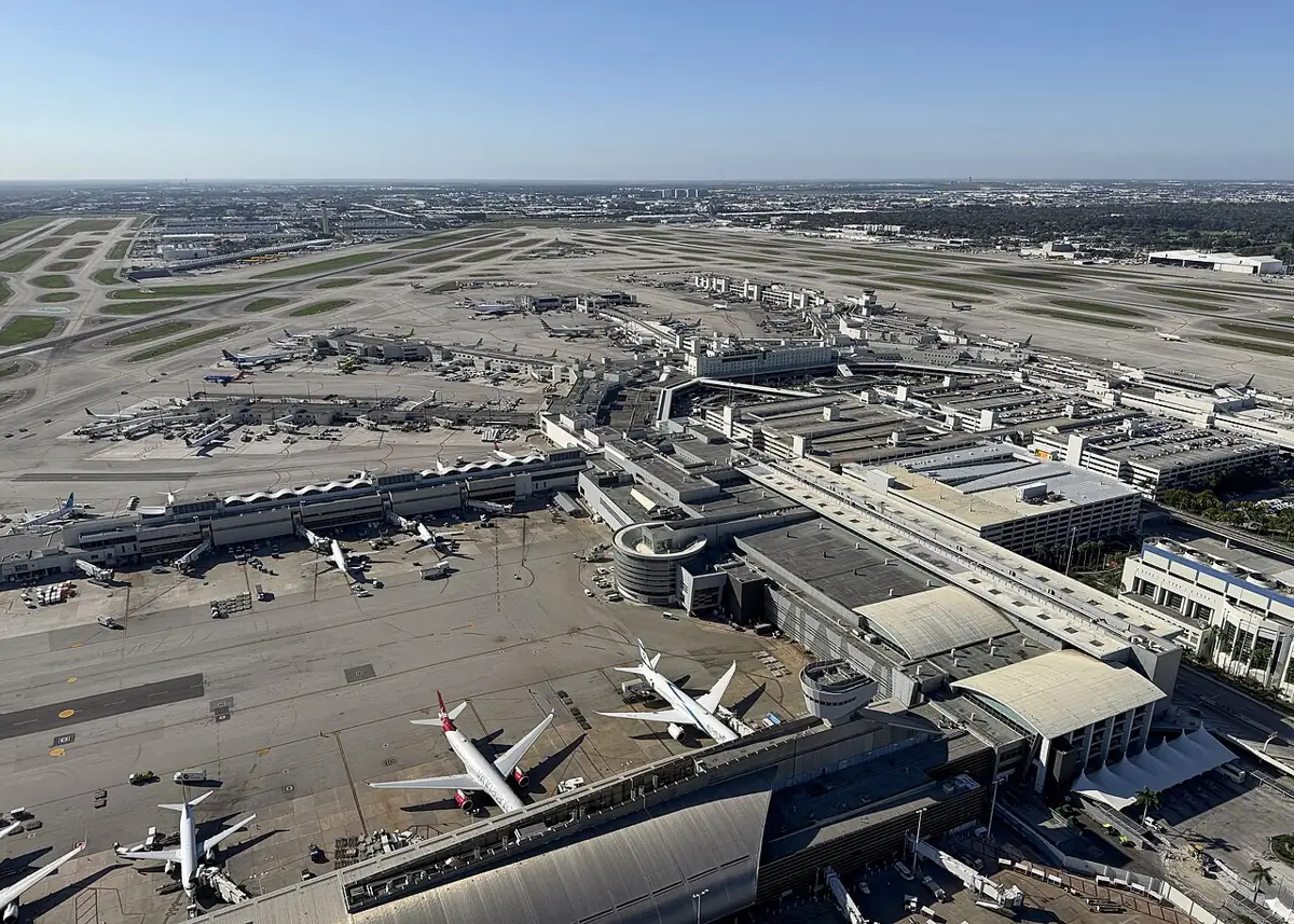 Aerial view of Miami International Airport terminals and runways