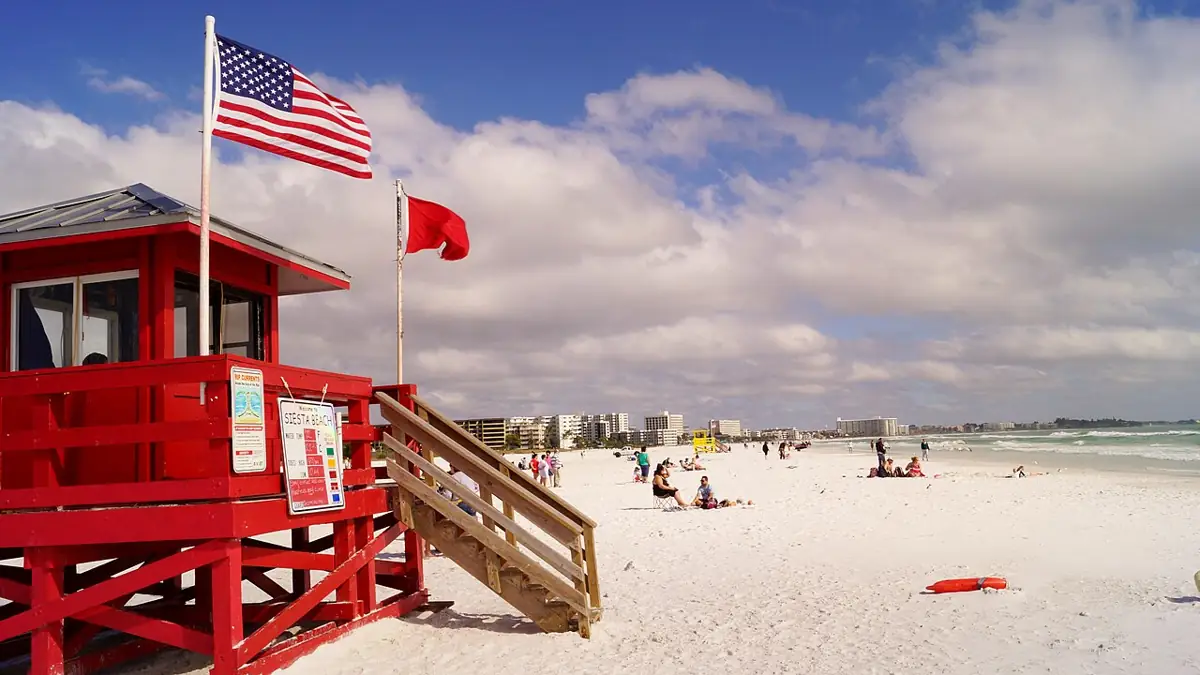 Red lifeguard stand at Siesta Key Beach