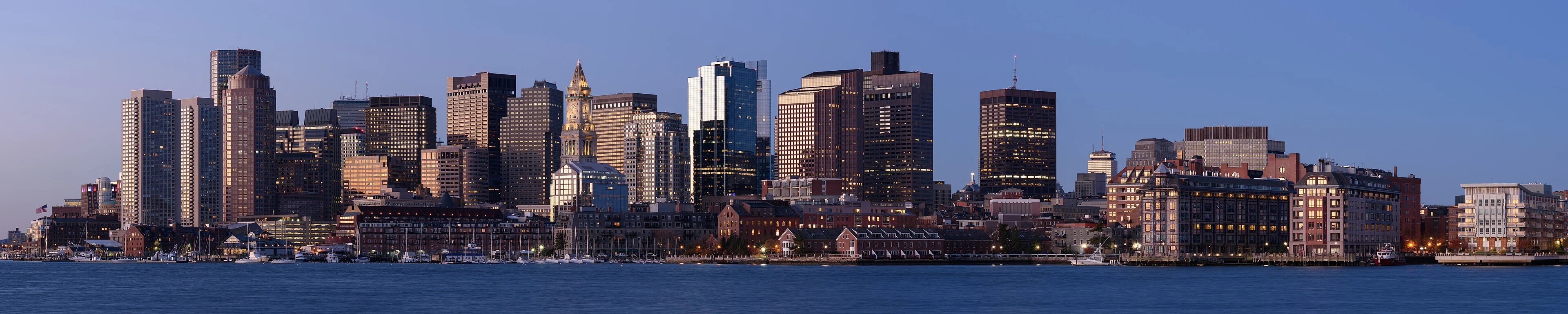 Boston waterfront skyline at blue hour, Massachusetts