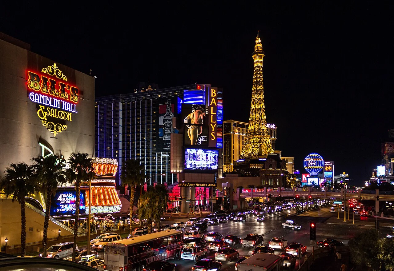Illuminated Las Vegas Boulevard and resort skyline, Nevada