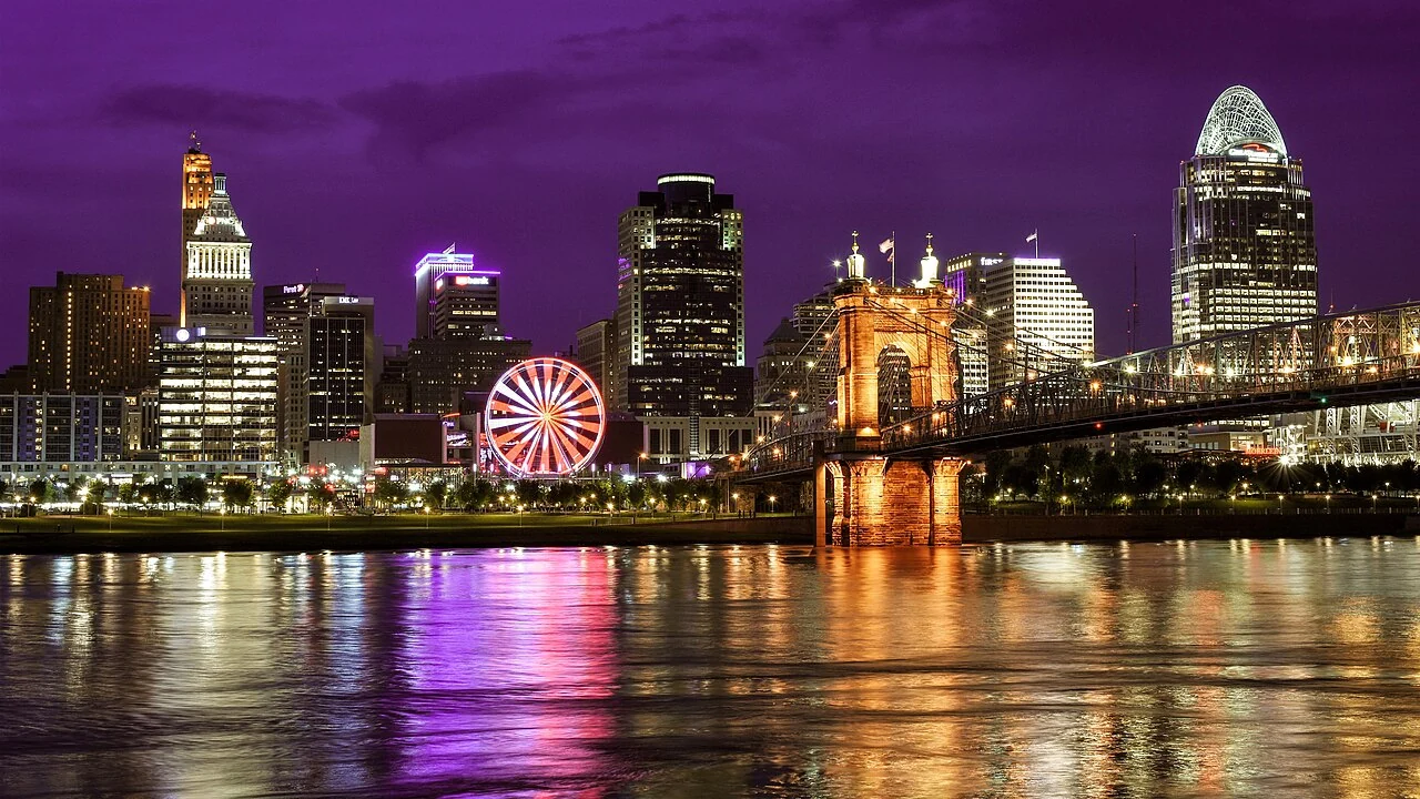 Cincinnati skyline and Roebling Suspension Bridge at twilight, Ohio