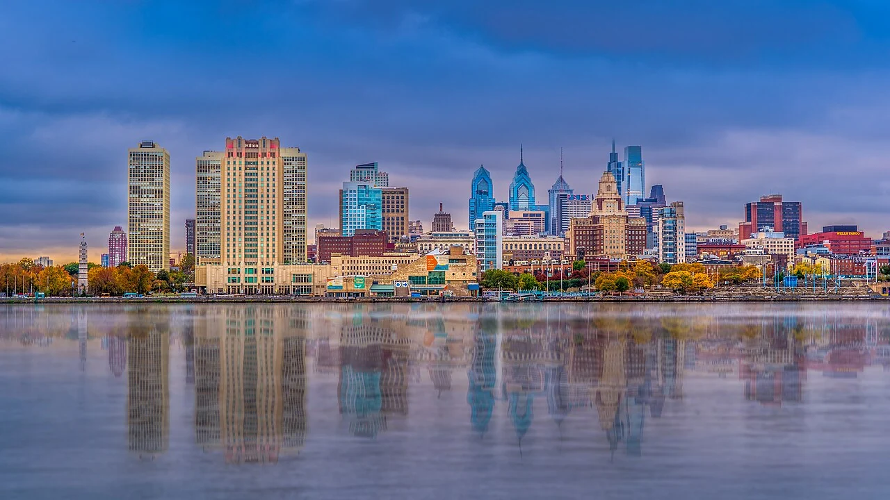 Philadelphia skyline reflected in the Delaware River, Pennsylvania