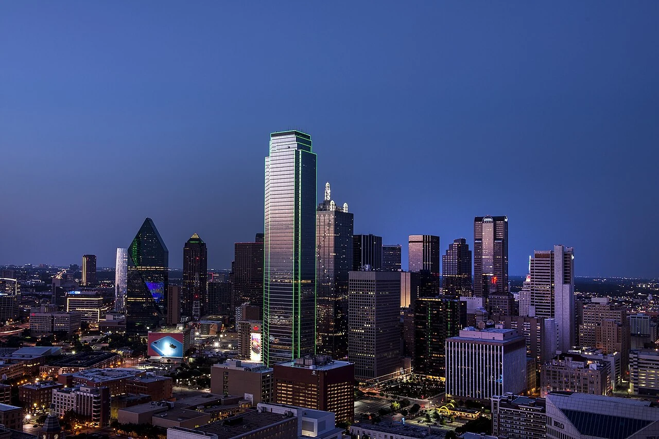 Dallas skyline illuminated at dusk, Texas
