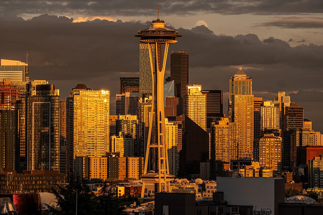 Seattle skyline and the Space Needle at sunset, Washington
